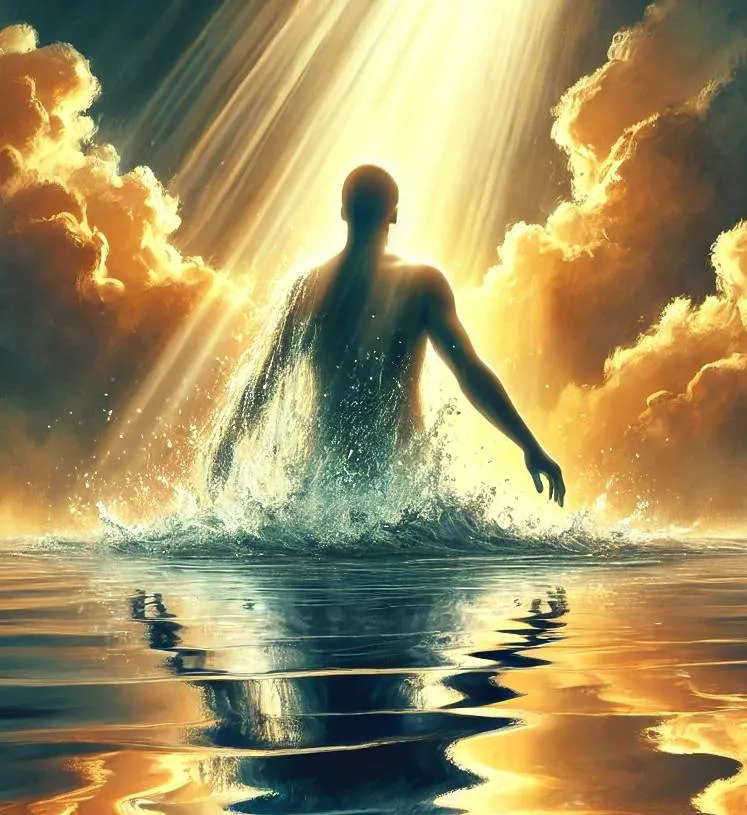 Illustration of a person standing in water beneath shafts of golden light.